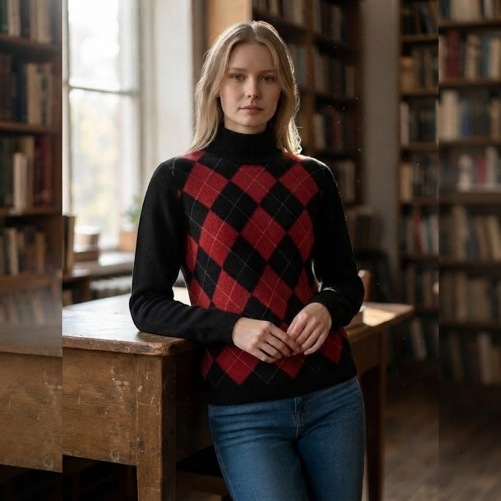 Vtg. Valerie Stevens Argyle cashmere wool turtleneck Sweater red/blk Hong Kong M